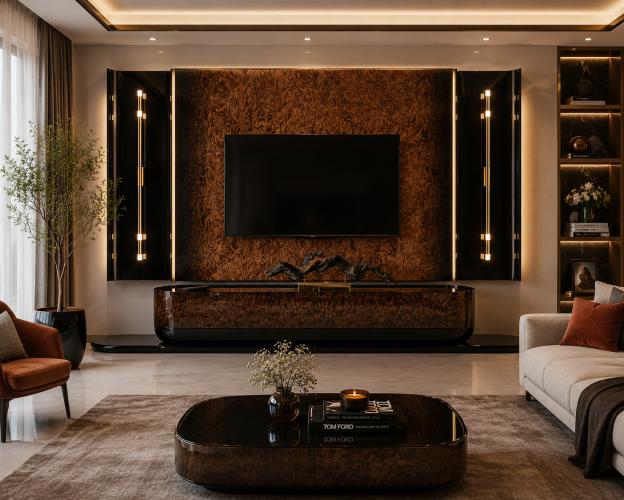 Mobile TV di Lusso in Legno Burl Marrone con Design Moderno a Pannello da Parete di Luxury Group International