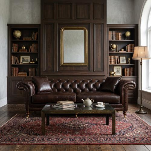 Divano Chesterfield di Lusso in Pelle Marrone con Ruote in Ottone - Arredamento per Soggiorno Vista lifestyle di Luxury Group International