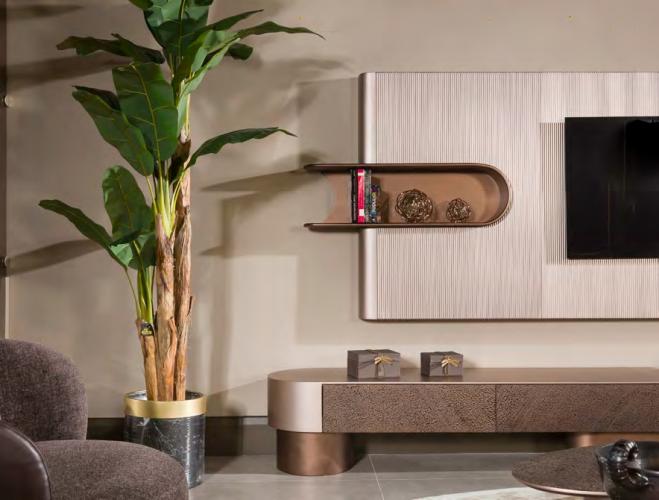 Brown & cream Luxury Modern Art Deco wooden TV unit with ribbed backdrop by Luxury Group International