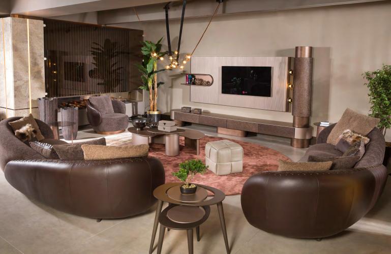 Brown & cream Luxury Modern Art Deco wooden TV unit with ribbed backdrop by Luxury Group International