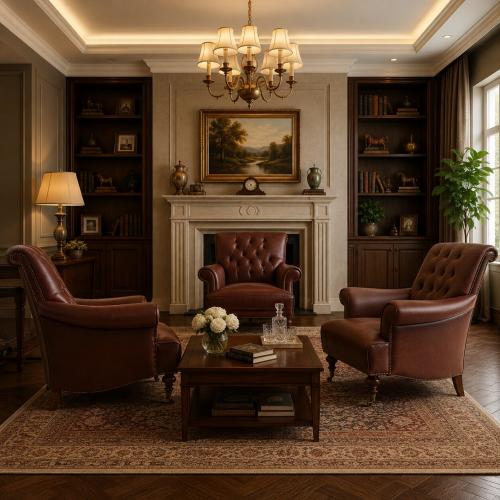 Divano in Pelle Marrone di Lusso con Schienale Trapuntato a Bottoni e Ruote in Ottone - Arredamento per Soggiorno Vista lifestyle di Luxury Group International