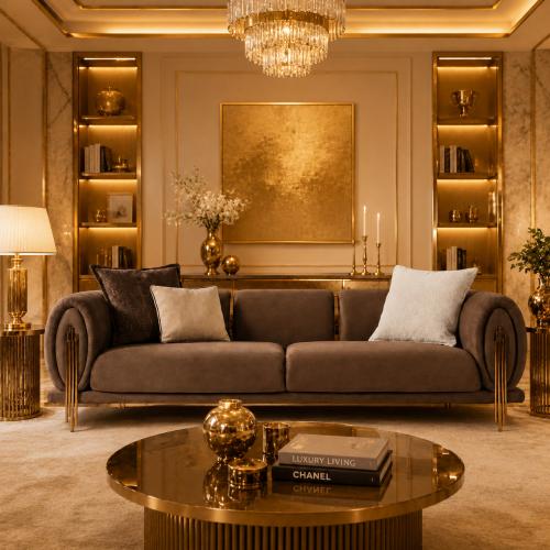 Sofá moderno de lujo en terciopelo marrón con brazos redondeados y patas de latón mate por Luxury Group International