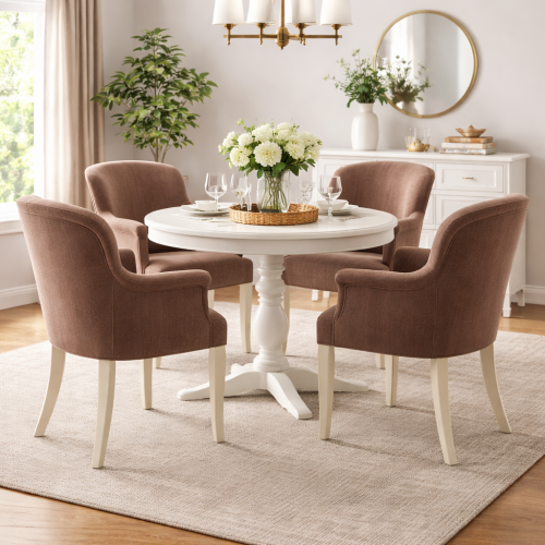 Sillón de Comedor Tapizado de Lujo en Terciopelo Marrón con Brazos en Voluta y Patas Cabriole Marfil - Muebles para Comedor Vista lifestyle por Luxury Group International