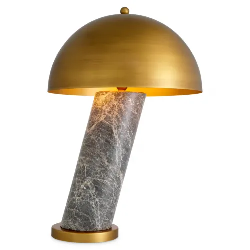 Lampada da Tavolo Moderna di Lusso Spazzolata in Marmo Grigio e Ottone Antico con Paralume a Cupola Dorata di Luxury Group International