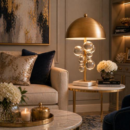 Lampada da Tavolo di Lusso con Cupola Dorata in Vetro Bubble Trasparente, Luce Moderna in Metallo Oro con Base in Marmo di Luxury Group International