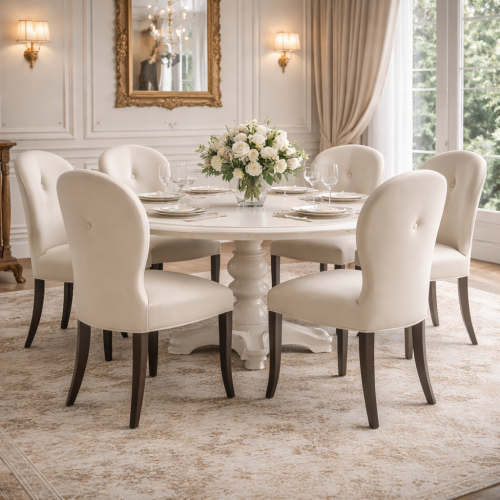 Silla de Comedor Tapizada de Lujo con Respaldo Abotonado en Tela Crema y Patas Metálicas - Muebles para Comedor Vista lifestyle por Luxury Group International