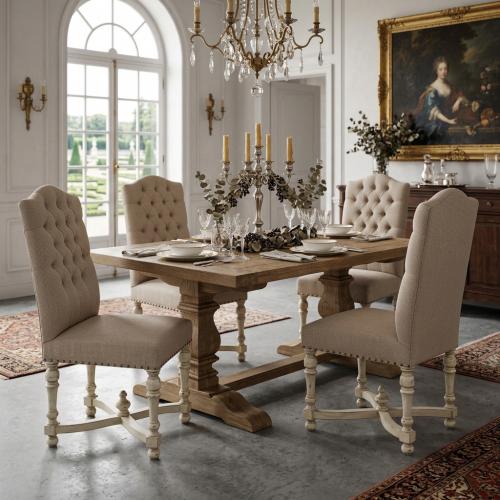 Button-Tufted Baroque Luxury Dining Chair with Cream Fabric Upholstery - Dining Room Furniture Lifestyle View by Luxury Group International