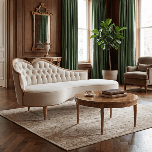 Divano di Lusso Imbottito con Schienale Curvo Capitonné in Velluto Crema e Struttura in Legno Intagliato - Mobili per Soggiorno Vista lifestyle di Luxury Group International