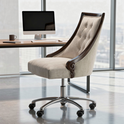 Silla Ejecutiva de Lujo Capitoneada en Terciopelo Crema con Estructura de Madera Oscura y Base Giratoria Ajustable Vista lifestyle por Luxury Group International