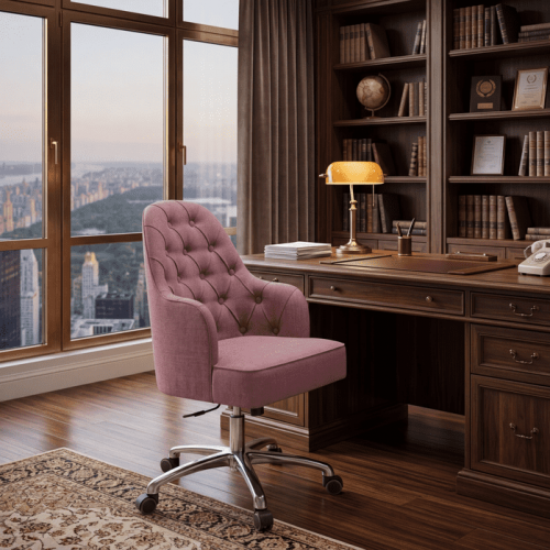 Silla Ejecutiva Tapizada de Lujo con Capitones en Terciopelo Rosa Empolvado y Base Giratoria Ajustable - Mobiliario de Oficina Vista lifestyle por Luxury Group International