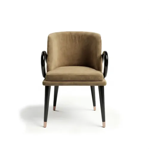 Silla de comedor moderna de lujo tapizada en terciopelo marrón camello con estructura metálica negra por Luxury Group International