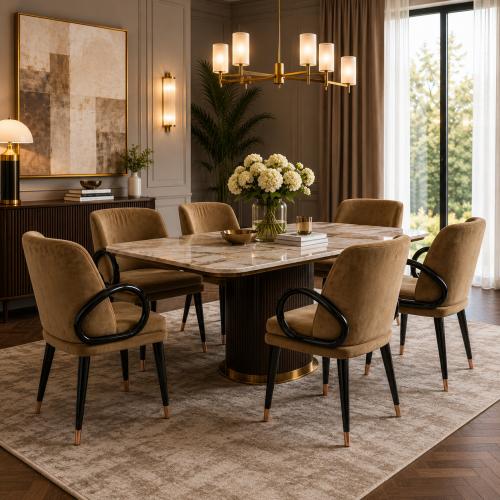 Silla de comedor moderna de lujo tapizada en terciopelo marrón camello con estructura metálica negra por Luxury Group International