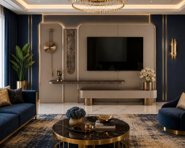 Mueble de TV Moderno de Lujo en Beige Champán con Diseño de Panel Decorativo en la Pared y Jarrón de Flores por Luxury Group International