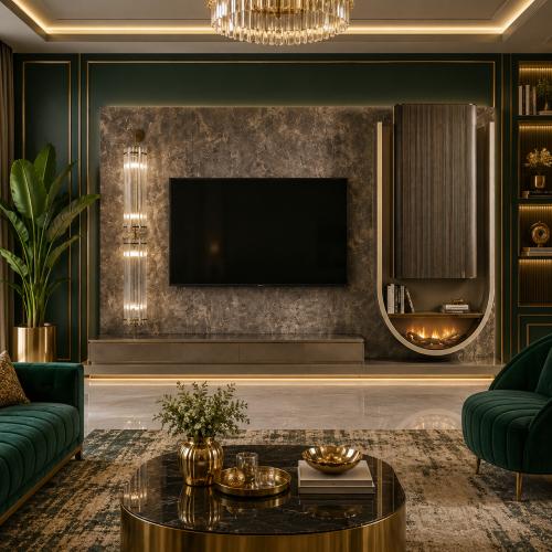 Mueble de TV de lujo con textura de mármol gris carbón, ventana arqueada de llama y iluminación de cristal por Luxury Group International