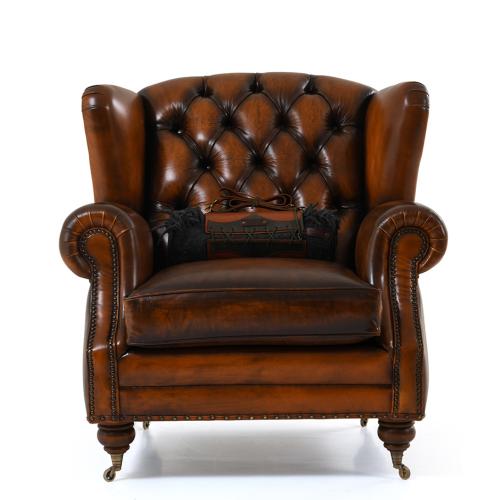 Chesterfield Wingback Luxury Button-Tufted Leather Sofa with Brass Castor Legs - Living Room Furniture Front View by Luxury Group International