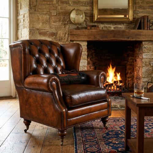 Chesterfield Wingback Luxury Button-Tufted Leather Sofa with Brass Castor Legs - Living Room Furniture Lifestyle View by Luxury Group International