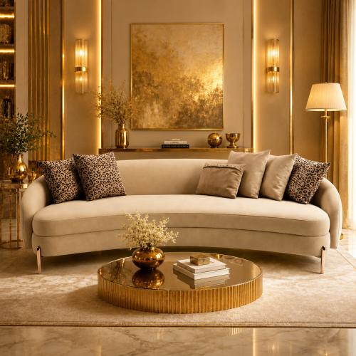Canapé en cuir courbé moderne de luxe en tissu mat beige crème par Luxury Group International
