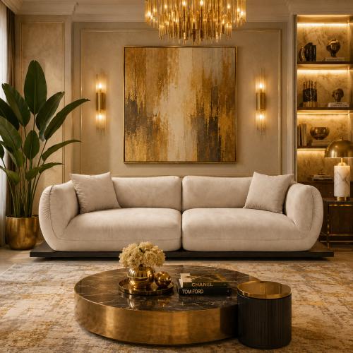 Canapé en cuir moderne de luxe beige crème mat avec accoudoirs arrondis par Luxury Group International