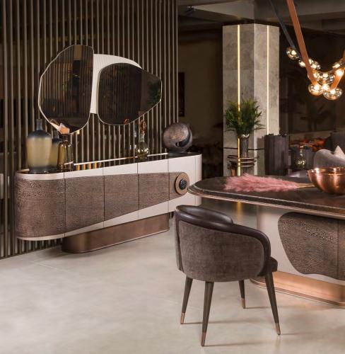 Cream & Brown Luxury Modern wooden Sideboard Cabinet With Wall Mounted Mirror by Luxury Group International