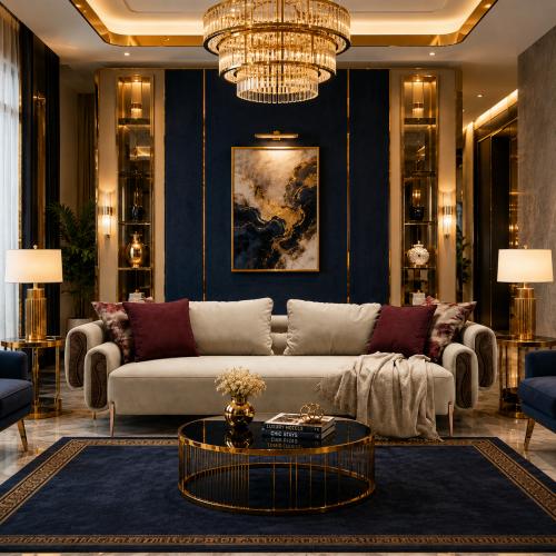Sofá Premium Moderno de lujo en tela mate color crema con diseño lateral de cilindro acanalado y hoja antigua por Luxury Group International