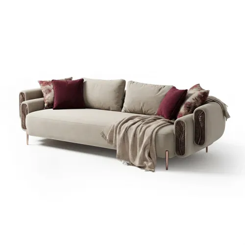 Sofá Premium Moderno de lujo en tela mate color crema con diseño lateral de cilindro acanalado y hoja antigua por Luxury Group International
