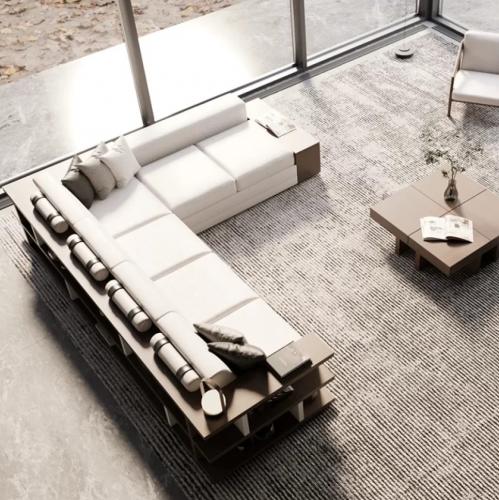Cream Modern Sectional Luxury Sofa with Brown Wooden Shelves and L-Shape Design-Luxury Sofa Lifestyle View by Luxury Group International