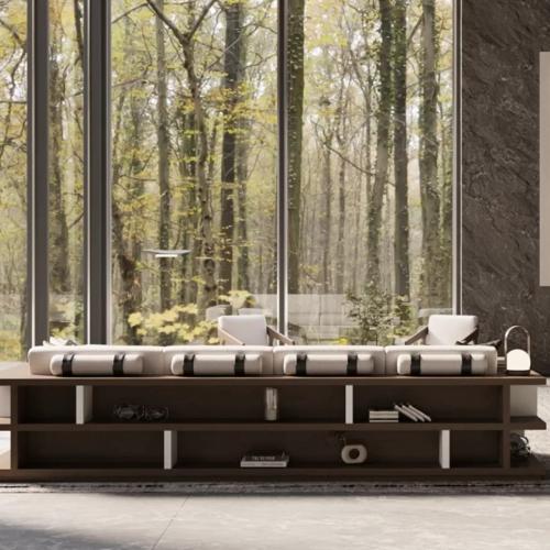 Cream Modern Sectional Luxury Sofa with Brown Wooden Shelves and L-Shape Design-Luxury Sofa by Luxury Group International