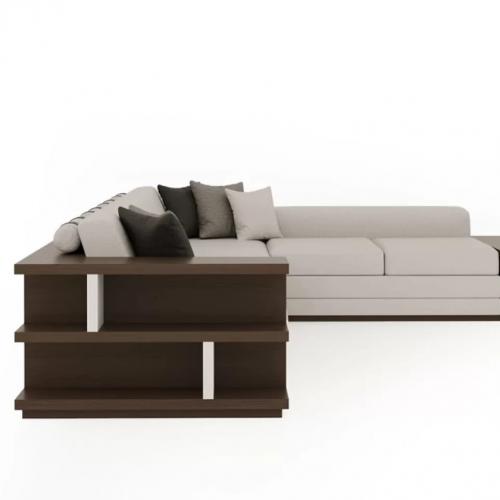 Cream Modern Sectional Luxury Sofa with Brown Wooden Shelves and L-Shape Design-Luxury Sofa by Luxury Group International