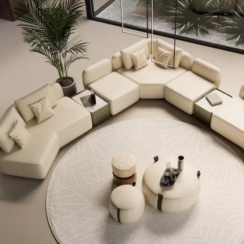 Cream Modular Curved Sectional Luxury Sofa with Integrated Wooden Side Tables-Luxury sofa-Modular sofa Lifestyle View by Luxury Group International