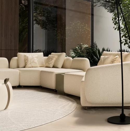 Cream Modular Curved Sectional Luxury Sofa with Integrated Wooden Side Tables-Luxury sofa-Modular sofa by Luxury Group International