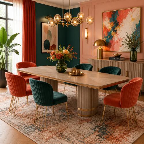 Cream rectangular luxury wooden dining table with ribbed design base by Luxury Group International