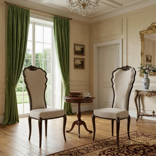 Cream Upholstered High-Back Luxury Dining Chair in Sculpted Wooden Frame - Dining Room Furniture Lifestyle View by Luxury Group International