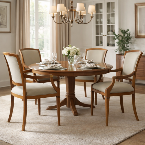 Cream Upholstered Luxury Dining Armchair in Classic Walnut Wooden Frame with Curved Arms - Dining Room Furniture Lifestyle View by Luxury Group International