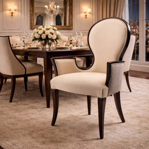 Curved Back Luxury Upholstered Dining Armchair in Cream Fabric with Walnut Wooden Frame - Dining Room Furniture Lifestyle View by Luxury Group International