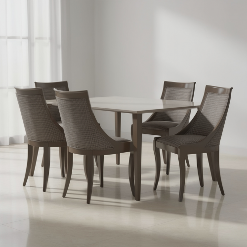 Silla de Comedor de Madera de Lujo con Respaldo Curvo y Asiento Tapizado Texturizado en Acabado Topo - Muebles para Comedor Vista lifestyle por Luxury Group International