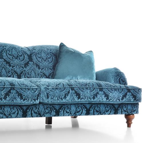 Divano in Velluto Blu Cielo con Motivo Damascato di Lusso a 3 Posti con Braccioli Curvi - Arredamento Soggiorno Vista dettaglio di Luxury Group International