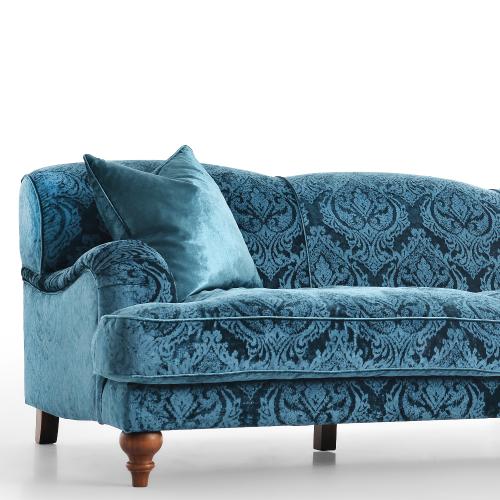 Divano in Velluto Blu Cielo con Motivo Damascato di Lusso a 3 Posti con Braccioli Curvi - Arredamento Soggiorno Vista dettaglio di Luxury Group International