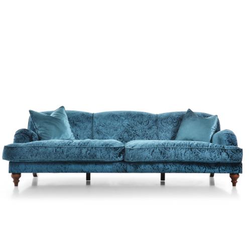 Divano in Velluto Blu Cielo con Motivo Damascato di Lusso a 3 Posti con Braccioli Curvi - Arredamento Soggiorno Vista frontale di Luxury Group International