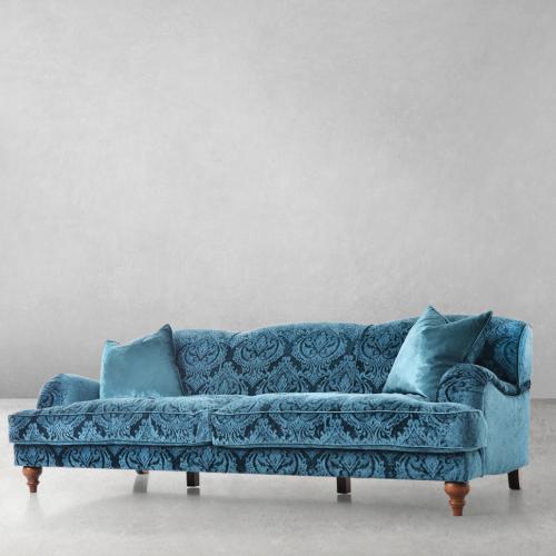 Damask Pattern Sky Blue Luxury 3 Seater Velvet Sofa with Curved Arms - Living Room Furniture Front View by Luxury Group International