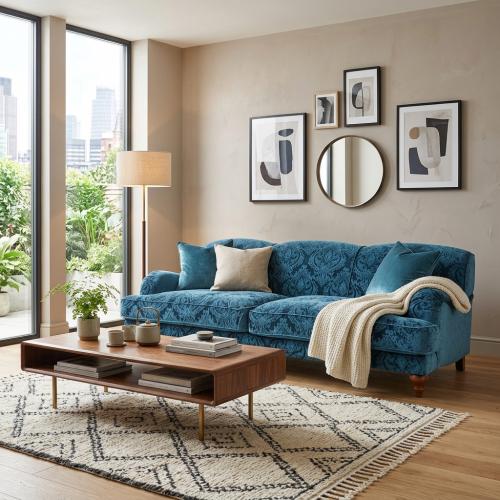 Divano in Velluto Blu Cielo con Motivo Damascato di Lusso a 3 Posti con Braccioli Curvi - Arredamento Soggiorno Vista lifestyle di Luxury Group International