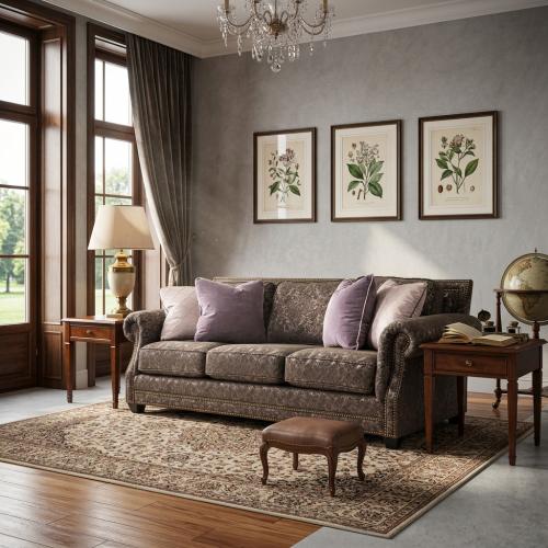 Divano 3 Posti di Lusso Taupe con Motivo Damascato, Braccioli Arrotolati e Rifiniture in Chiodi di Ottone - Mobili per Soggiorno Vista lifestyle di Luxury Group International