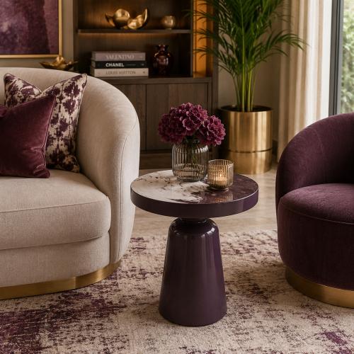 Dark Brown glossy finish Luxury Modern Side Table with round veined top by Luxury Group International