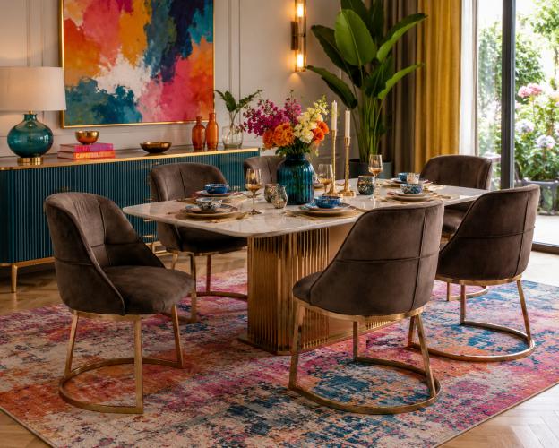 Dark Brown Luxury Upholstered Dining Chair with Gold Metal Base by Luxury Group International