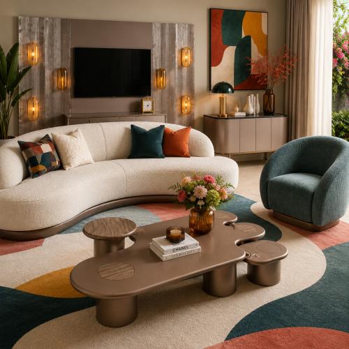 Mesa de centro moderna de madera de lujo con chapa natural marrón oscuro y forma irregular por Luxury Group International