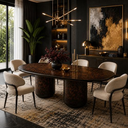Dark brown oval top wooden luxury dining table by Luxury Group International