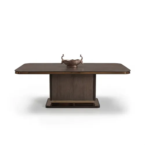Mesa de Comedor Moderna de Lujo Rectangular en Marrón Oscuro con Bordes Redondeados y Detalles Dorados por Luxury Group International