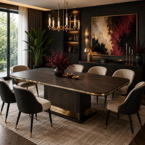 Mesa de Comedor Moderna de Lujo Rectangular en Marrón Oscuro con Bordes Redondeados y Detalles Dorados por Luxury Group International