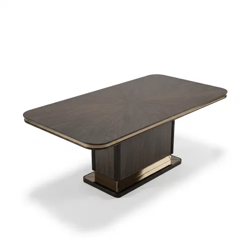 Mesa de Comedor Moderna de Lujo Rectangular en Marrón Oscuro con Bordes Redondeados y Detalles Dorados por Luxury Group International
