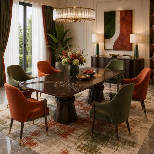 Dark Brown Rectangular Luxury Wooden Dining Table With Floral Design by Luxury Group International