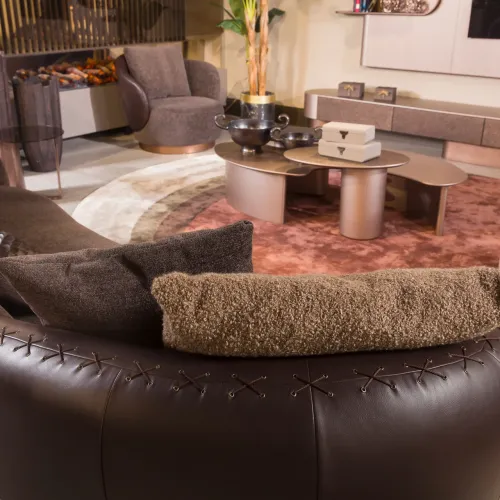 Dark Brown Swivel Accent Round Barrel Luxury Modern Upholstered Armchair by Luxury Group International